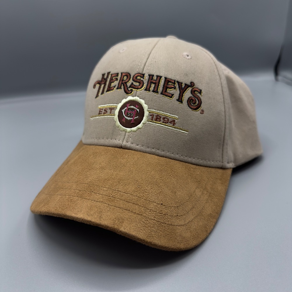 VTG Hershey's Chocolate Est 1894 Baseball Cap Hat Tan Brown Faux Suede Brim Mens